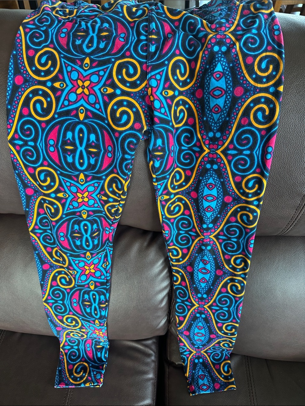 LuLaRoe Black Leggings with Blue, Pink & Yellow Geometric Print